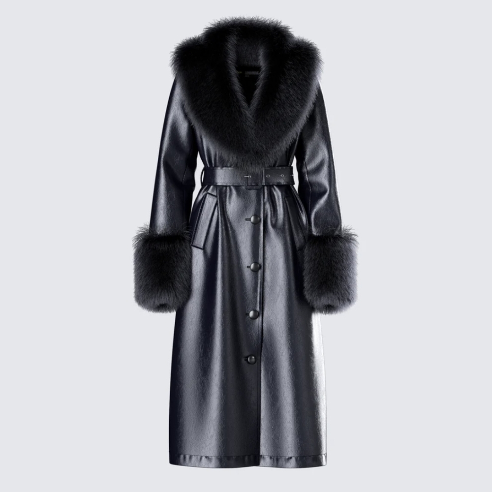 Finesse Faux Leather and Fur Trimmed Coat Black L NWT